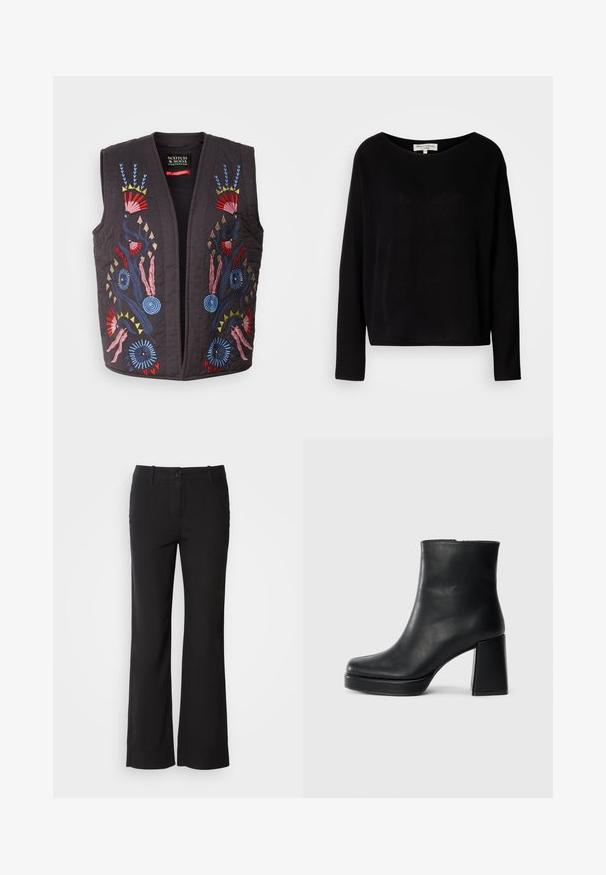 Vesta neagră matlasată, cu modele florale brodate colorate în roșu, albastru, roz și galben. Fără butoane sau închideri vizibile.; Cămașă neagră cu mâneci lungi, confecționată dintr-un material moale, având o guler rotund larg și o croială lejeră, fără model vizibil sau elemente metalice.; Pantaloni negri dintr-un amestec de bumbac, cu un design drept, închidere frontală cu buton și două buzunare laterale. Textură netedă, fără modele vizibile.; Botină din piele neagră, cu toc pătrat și talpă platformă, văzută din lateral pe un fundal alb simplu.