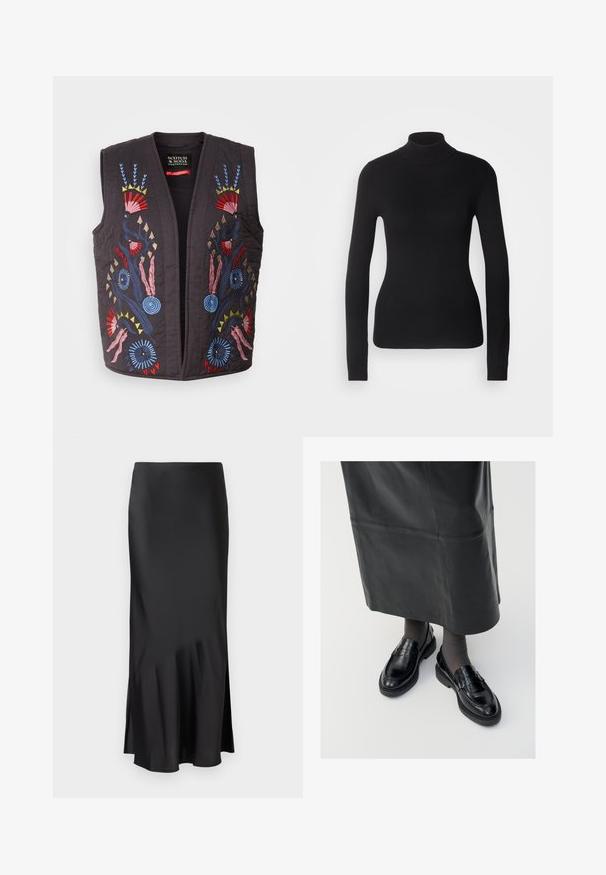 Czarna pikowana kamizelka z kolorowymi haftowanymi wzorami kwiatowymi w odcieniach czerwieni, niebieskiego, różowego i żółtego. Brak widocznych guzików lub zapięć.; Czarny sweter z golfem wykonany z lekkiej dzianiny. Posiada długie rękawy, dopasowany krój oraz miękką ribbowaną strukturę.; Czarna satynowa spódnica midi o eleganckim fasonie, z delikatnym rozkloszowaniem u dołu i bocznym rozcięciem dla większej swobody ruchów. Gładka tekstura.; Czarne skórzane mokasyny o gładkim wykończeniu, z ozdobnym paskiem, okrągłym noskiem i teksturowaną podeszwą. Noszone z długą czarną skórzaną spódnicą.