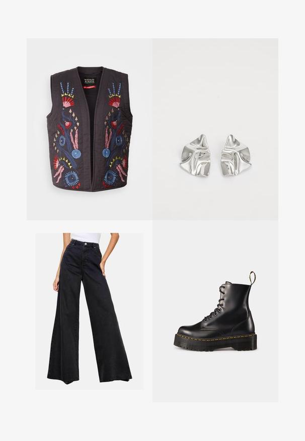 Gilet trapuntato nero con vivaci motivi floreali ricamati in rosso, blu, rosa e giallo. Nessun bottone o chiusura visibile.; Camicia bianca con bottoni, maniche lunghe, colletto strutturato e orlo arrotondato. Realizzata in un tessuto liscio e uniforme, senza motivi visibili o dettagli.; Jeans neri a gamba ampia realizzati in denim. Vita alta con chiusura a bottoncino, caratterizzati da un design pulito e senza motivi o accenti prominenti.; Stivali alla caviglia in pelle nera con lacci, dotati di una suola nera spessa e cuciture gialle. Presentano una linguetta sul retro e occhielli metallici circolari.; Orecchini in metallo argento con un design ondulato e scultoreo, caratterizzati da una finitura lucida e forme irregolari, che evidenziano un'estetica contemporanea.