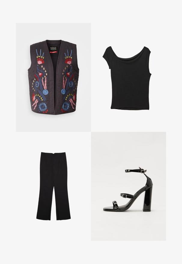 Svart quiltad väst med färgglada broderade blomsterdesigns i röd, blå, rosa och gul. Inga knappar eller stängningar synliga.; Svart kortärmad topp i slät tyg; har en draperad halsringning och asymmetrisk nederkant, med en figursydd kropp.; Svarta byxor med rak passform, utrustade med framfickor och sidoklyvningar vid fållen. Tillverkade av mjukt, slätt tyg. Lämpliga för olika tillfällen.; Svarta lackerade klacksandaler med fyrkantig tå, ankelremmar och silverfärgade spännen. Har en kraftig blockklack för stabilitet.