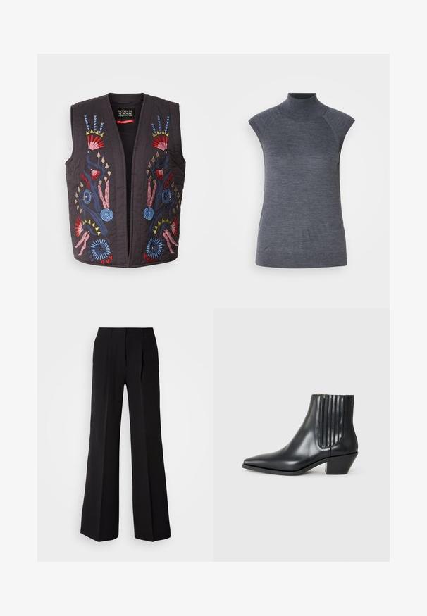 Zwarte gewatteerde vest met kleurrijke geborduurde bloemenpatronen in rood, blauw, roze en geel. Geen knopen of sluitingen zichtbaar.; Grijze mouwloze coltrui, nauwsluitende pasvorm, geribbelde textuur, zachte stof, met hoge hals en stijlvolle schouderuitsparingen.; Zwarte broeken van soepele stof, met een hoge taille, wijde pijpen en twee plooien aan de voorkant voor extra ontwerpelementen.; Zwarte leren enkellaars met spitse neus, elastische zijpanelen met verticale groeven en een lage blokhak. Glad oppervlak en slank ontwerp.
