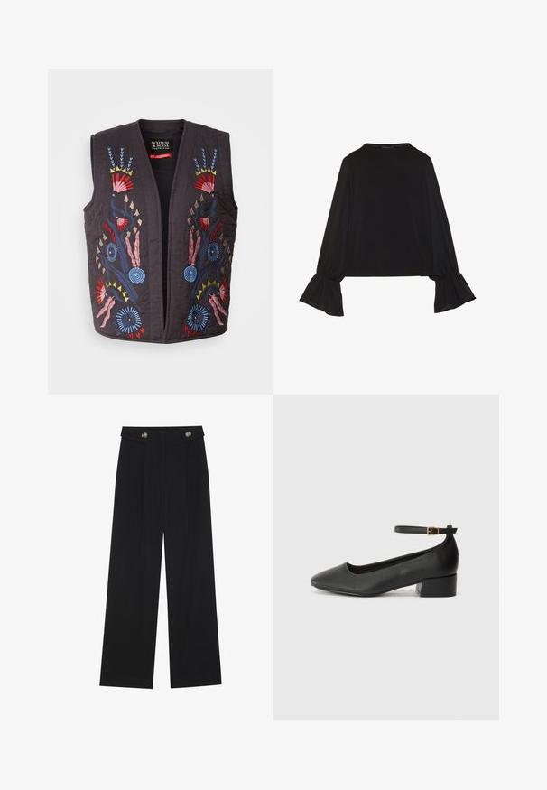 Black quilted vest featuring colorful embroidered floral patterns in red, blue, pink, and yellow. No buttons or closures visible.; Black long-sleeve top featuring flared cuffs, soft texture, and a relaxed fit, with a simple round neckline.; Black wide-leg trousers with high waist, button details on waistband, and front pleats.; Black leather pump with a pointed toe and a low block heel. Features an ankle strap with a gold-tone buckle. Smooth texture.