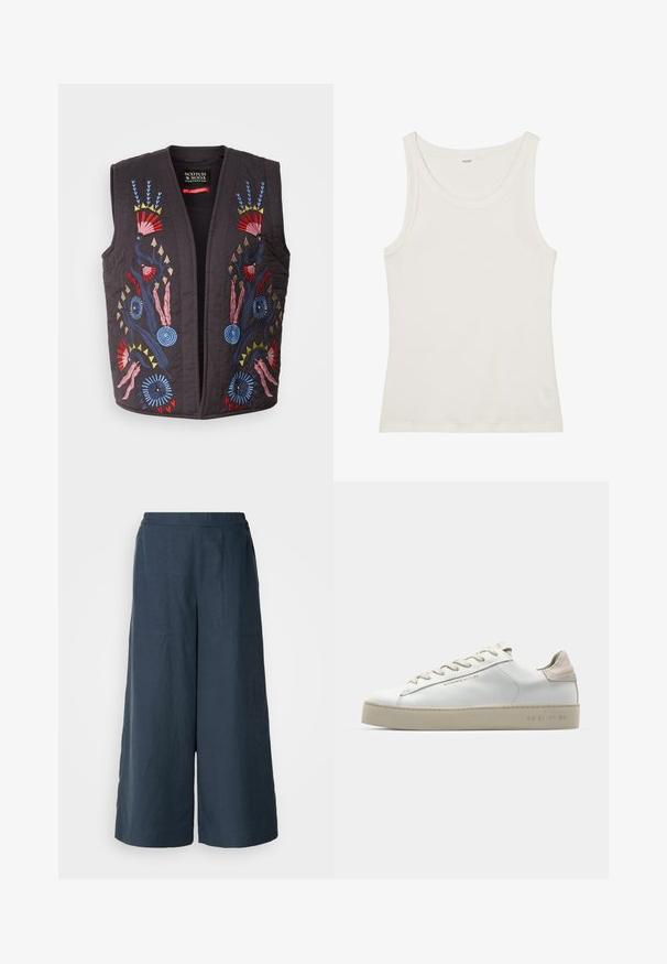 Schwarze gesteppte Weste mit bunten bestickten Blumenmustern in Rot, Blau, Rosa und Gelb. Keine Knöpfe oder Verschlüsse sichtbar.; Weißes Baumwolltanktop mit weitem Ausschnitt und dünnen Schulterträgern. Glatte Textur ohne sichtbare Muster oder Verzierungen.; Weite Beinhosen in Marineblau, aus leichtem Stoff. Mit einer leicht strukturierten Oberfläche, elastischem Bund und Vordernähten.; Weiße Leder-Sneaker mit glatter Oberfläche, beigen Wildleder-Akzenten, runder Zehenpartie, flachem Schnürdesign und einer strukturierten Gummisohle.