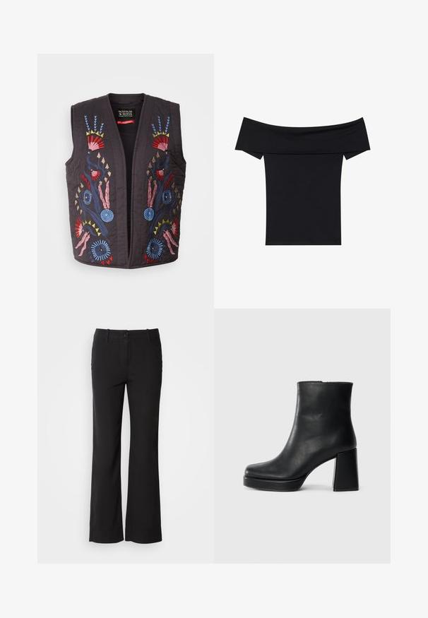 Mustmustri vest, millel on musta värvi ning värvikas tikand lillemustriga punase, sinise, roosa ja kollasega. Nuppude ega sulgemisi ei ole nähtavalt.; Must värvitud top, mis jääb õlgadele, on valmistatud pehmest ja venivast kangast. Sellel on lühikesed varrukad ja kohandatud siluett. Lihtne, õmblusteta disain.; Mustad puuvillasegu püksid sirge lõikega, ees nupuga kinnitamine ja kaks külge taskut. Sile tekstuur, nähtavaid mustreid ei ole.; Must musta ankle boot, milleplokk-konts ja platvormi tallaga, vaadatud küljelt ühetoonilise valge tausta peal.