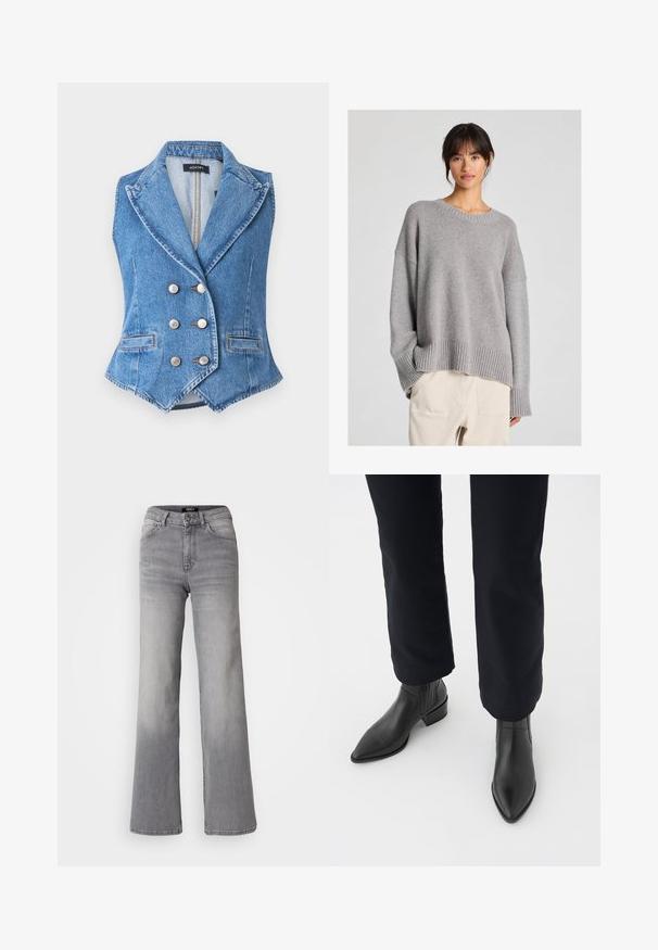 Mėlynas džinsinis liemenė su dviguba sagos konstrukcija, smailiomis apykaklėmis, sidabro spalvos saga ir priekinėmis kišenėmis. Audinys su tekstūra ir kontrastingos siūlės.; Pilko megztinis su laisva pasiūla, apvaliu iškirpimu, raukšlėtomis rankovėmis ir apačia. Minkšta tekstūra su subtiliu mezgimo raštu. Pora su šviesiais keliais.; Aukštai juosmens tiesios kojos pilkos džinsinės kelnės su priekiu užsegamu mygtuku ir užtrauktuku, priekiniais ir galiniais kišenėmis, bei išblukimu ant šlaunų ir blauzdų.; Juodos odinės kulkšninių botai su smailiu priekiu, blokiniu kulnu ir tekstūruotais šonais, dėvimi su tamsiomis kelnėmis prieš baltą foną.