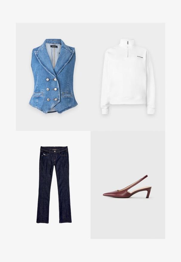 Blå denim vest med dobbeltbrystet design, spidse revers, sølvknapper og forlommer. Teksturstof og kontrastsyninger.; Hvid pullover sweatshirt med høj krave og halvlynlås. Har et lille sort logo på brystet og ribbede manchetter. Glat tekstur.; Mørkeblå denimjeans med en lige ben-design, der har en frontknaplukning, fem lommer og synlige syninger langs sømmene.; Bordeaux slingback hæle med spids tå, udskæringsdetaljer på siden og en midt-høj blokhæl. Glat læderfinish.