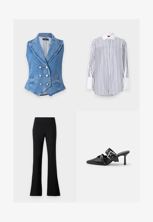 Vest de denim albastru, cu un design cu două rânduri de nasturi, rever ascuțite, nasturi argintii și buzunare frontale. Material texturat și cusături contrastante.; Cămașă albă cu dungi verticale bleumarin, mâneci lungi cu manșete albe, guler clasic și hem curbat. Textură de material neted.; Pantaloni evazați negri, confecționați dintr-un material fin, cu talie înaltă, având două buzunare la spate și o pliu pe partea din față a fiecărei picioare.; Mulele negre cu toc înalt, cu vârful ascuțit, fabricate din piele netedă. Dispun de o curea lată pentru gleznă, cu o cataramă pătrată din argint și cu cuie.