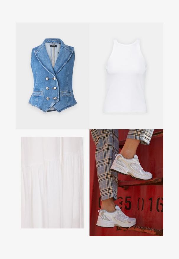 Sinivihreä farkkiliivi, jossa on kaksirivinen muotoilu, huippukaulukset, hopeanväriset napit ja etutaskut. Teksturoitu kangas ja kontrastiväriset tikkaustyöt.; Valkoinen hihaton toppi, joka on valmistettu ribbikankaasta, ja jossa on pyöreä pääntie ja tiukka siluetti, minimaalisin saumoin ja ilman koristeita.; Valkoinen kangasmekko, jossa on teksturoitu pinta, pehmeät poimut ja epäsäännölliset muotoiluelementit, luoden virtaavan siluetin.; Valkoiset verkkokengät hopea-yksityiskohdilla ja teksturoidulla pohjalla, aseteltuna punaiselle pinnalle, yhdistettynä ruudullisiin housuihin.