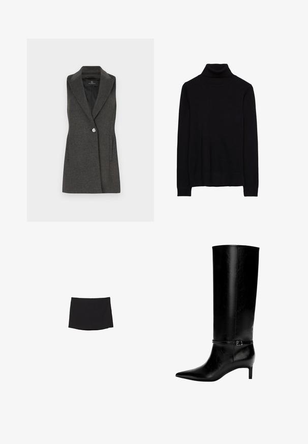 Charcoal šedý bezrukávový blejzer s výstrihom do V, s jedným strieborným gombíkom na zapínanie a bočnými vreckami. Textúrovaná látka s prispôsobeným strihom.; Čierny rolák z jemnej pleteniny. Má dlhé rukávy a rebrované manžety a lem. Jednoduchý, klasický dizajn bez vzorov.; Čierna minisukňa vyrobená z hladkého, elastického materiálu; má rovný strih s nenápadným lemom a bez viditeľných zapínaní alebo vzorov.; Čierne kožené čižmy po kolená s špicatou špičkou a malým opätkom. Obsahujú úzku pracku s kovovou sponou okolo členka. Hladký povrch.