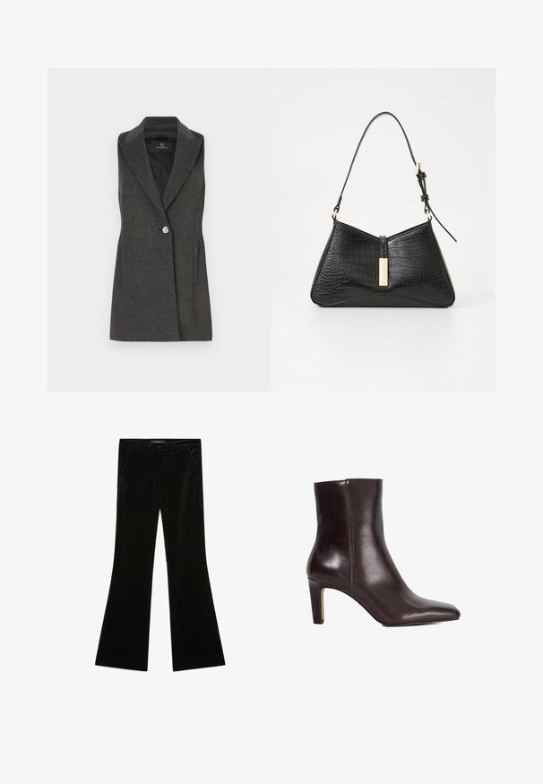 Charcoal gray sleeveless blazer with a notched collar, single silver button closure, and side pockets. Textured fabric with a tailored fit.; White long-sleeve blouse with a classic collar, front button closure, and gathered side detail. Smooth fabric with a tailored shape.; Black velvet flared pants with a smooth texture, featuring two front pockets and a fitted waist, designed for a streamlined silhouette.; Dark brown leather ankle boot with pointed toe and mid-height block heel, smooth finish, no visible fasteners.; Black handbag in faux croc-embossed material, featuring a triangular shape, slim shoulder strap, and a gold-tone hardware accent in the center.; Black leather gloves with a quilted black suede cuff. Features a smooth finish and a subtle logo accent on the wrist area.; Silver teardrop earrings with rounded accents, set against a model wearing a white ribbed sleeveless top, showcasing a smooth texture.