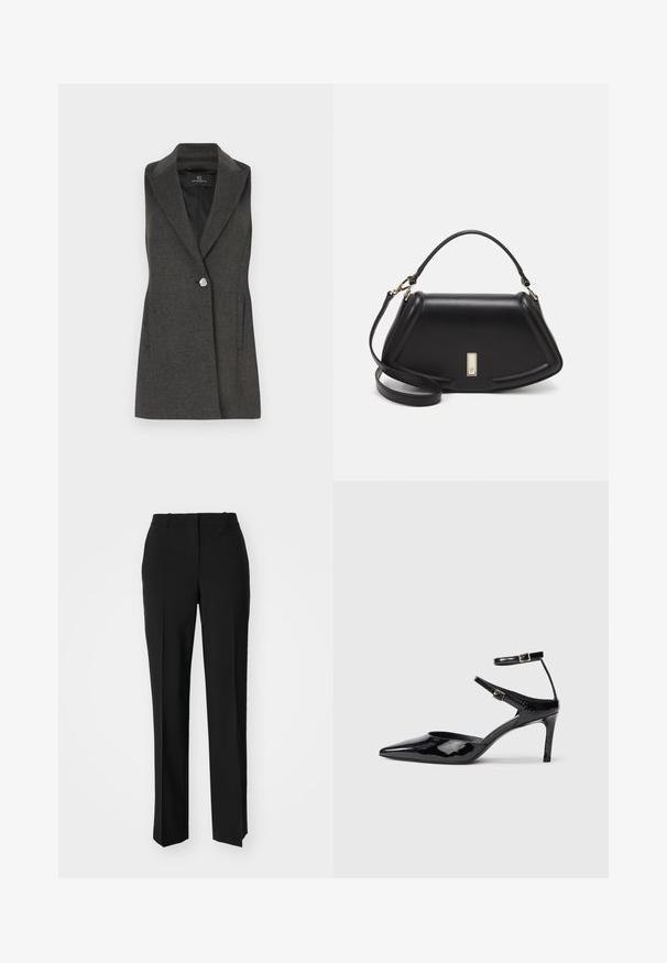 Süsi hall ilma varrukateta bleizer, millel on lõigatud krae, ühe hõbedase nupuga kinnitamine ja küljetaskud. Tekstuuriga kangas ja kohandatud lõige.; Valge puuvillane T-särk lühikeste varrukatega, ümmarguse kaelusega ja vabalt istuv. Sile tekstuur, ilma mustrite ja aktsentideta, minimalistik disain.; Mustad ja sirged püksid, millel on sile tekstuur ja teravad voldid esiosas. Ilma nähtavate detailideta.; Mustad nahast mustad kontsad terava ninaga, reguleeritavate pahkluu rihmade ja õhukese kontsaga. Sile tekstuur läikiva viimistlusega.; Must mustrist käekott, millel on struktureeritud disain, lühendatud kuju, ülemine käepide ja kuldne metallist detail. Reguleeritav õlalihm on kaasas.