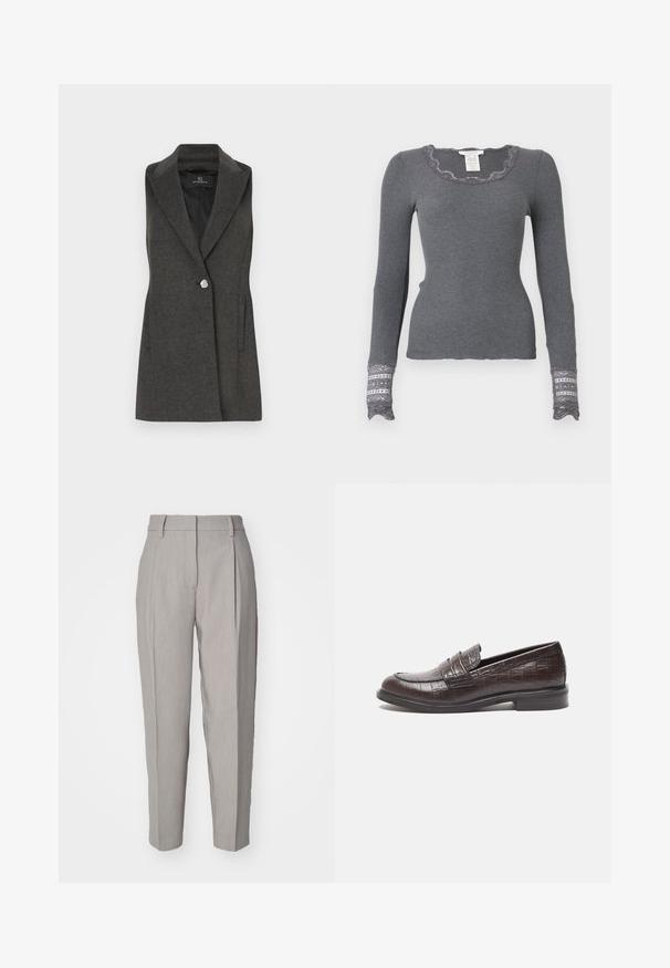 Sacou fără mâneci, de culoare gri cărbune, cu guler tăiat, închidere cu un singur buton argintiu și buzunare laterale. Material texturat cu croială ajustată.; Tricou lung cu mânecă gri, din material ribat, cu decolteu cu margini ondulate și manșete accente cu dantelă, având un model texturat.; Pantaloni personalizați de culoare gri deschis, cu o textură netedă, față pliată și design drept. Prezintă bucle pentru curea și un finisaj lustruit.; Mocasini din piele maro închis cu textură de crocodil, toc mic și detalii cusute în față pentru un design suplimentar.