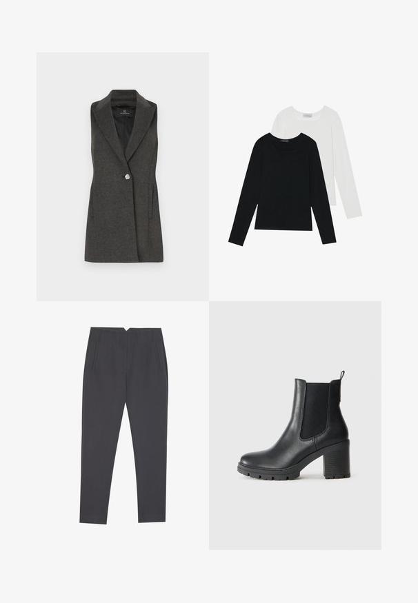 Kullgrå ermeløs blazer med klippet krage, enkel sølvknapplukking og sidelommer. Teksturert stoff med skreddersydd passform.; To lange ermer t-skjorter, en svart og en hvit, begge med firkantet utringning og laget av mykt, elastisk stoff.; Mørk grå tapered bukser med sidelommer og frontplystringer, designet for en skreddersydd passform.; Sorte lær ankle boots med elastiske sidepaneler, tykk gummisåle og høy blokkhæl. Har en løfletapp bak.