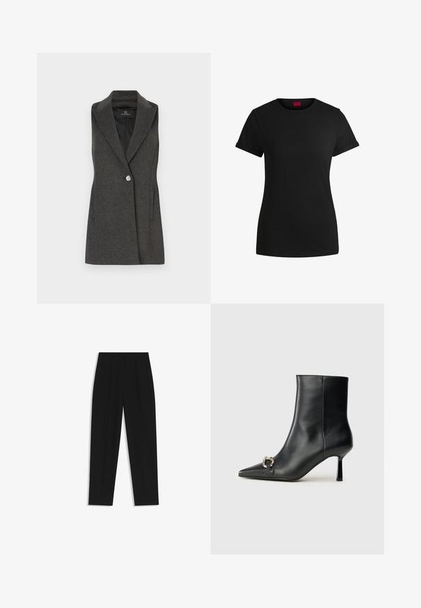 Anthrazitgrauer ärmelloser Blazer mit Reverskragen, einem silbernen Knopfverschluss und Seitentaschen. Strukturiertem Stoff mit tailliertem Schnitt.; Schwarzes Baumwoll-T-Shirt mit kurzen, aufgerollten Ärmeln, rundem Halsausschnitt und rotem Etikett. Glatte Textur, taillierte Form mit minimalen Details.; Schwarze Hose mit geradem Schnitt, doppelten Falten, einer glatten Textur und einem klassischen Bunddesign. Keine sichtbaren Beschläge oder Akzente.; Schwarze Leder-Stiefelette mit spitzer Zehe, schlankem, mittelhohem Absatz und silberner Schnalle seitlich vor einem schlichten Hintergrund.