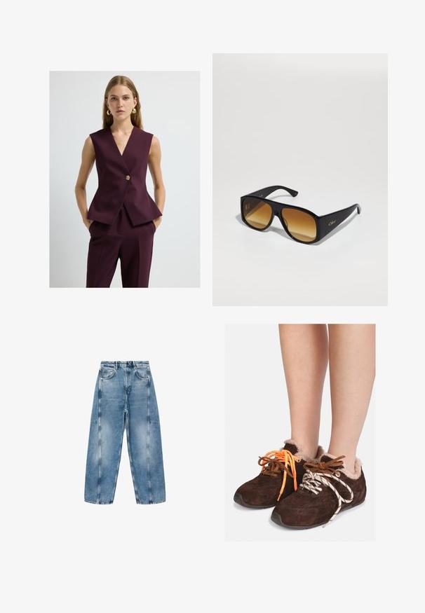 Laag uitgesneden, mouwloos vest in diep bordeauxrood stof, met een gouden knoop, een getailleerde pasvorm en een peplumzoom. Goede textuur, minimalistisch ontwerp.; Grijze cropped trui gemaakt van zacht, fuzzy materiaal. Heeft lange mouwen en een ronde halslijn, met een gladde, lichte textuur.; Witte T-shirt met korte mouwen, gemaakt van zachte katoen, met een ronde halslijn en een ontspannen pasvorm met omgerolde zoomdetails. Geen patronen of accenten.; Lichtblauwe denim jeans hebben een relaxte pasvorm, grote zakken en contrasterende stiksels. De stof heeft een vervaagde afwerking met een soepele textuur.; Bruine leren instapschoenen met een voering van bont, gedragen op blote voeten, met mismatched veters: de ene is oranje en de andere is wit met zwarte strepen.; Zwarte rechthoekige zonnebril met bruine verlooplenzen. Gemaakt van plastic, met een glad oppervlak en een subtiele gouden logo op de poot.