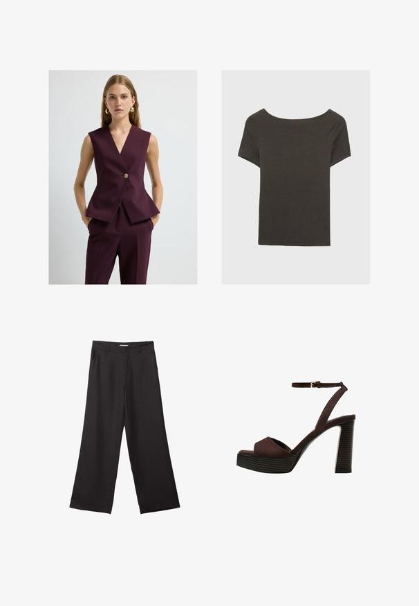 V-kaulaus sleeveless tiivis tumman viininpunaisesta kankaasta, jossa on kultainen nappi, muotoiltu siluetti ja peplum-helma. Tasainen rakenne, minimalisti muotoilu.; Tummanharmaa lyhythihainen paita, jossa on venepääntie. Valmistettu ribbikankaasta, jossa on rento istuvuus ja siisti helmaviimeistely. Yksinkertainen muotoilu, ilman kuvioita.; Mustat leveälahkeiset housut, jotka on valmistettu sileästä kankaasta. Niissä on edessä vetoketju ja kaksi sivutaskua, ja niiden muotoilu on räätälöity ja minimalistinen.; Ruske kožne sandale s visokom potpeticom, otvorenim prstima, podesivim kopčanjem oko gležnja i prugastim platformskim đonom.