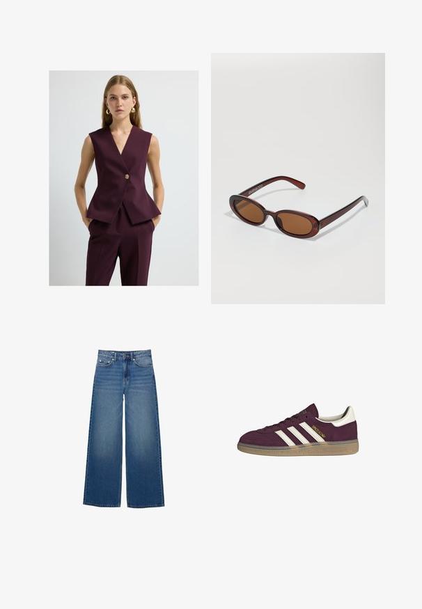V-ringad ärmlös väst i djupt burgunder tyg, med en guldklick, skräddarsydd silhuett och peplumslut. Slät textur, minimal design.; Burgundy långärmad topp med vita horisontella ränder. Har en rund halsringning och sidsprickor vid fållen för en avslappnad passform.; Vida jeans i denim med vida ben, hög midja, sydda detaljer och en enkel design med en lätt blekningseffekt.; Mörk röd mockaskor med vita tre ränder och beige detaljer. Har en strukturerad gummisula och guldbranding på sidan.; Runda, bruntonade solglasögon med en glansig bordeauxfärgad ram. Smala bågar med subtilt varumärkesdetalj. Platt linsdesign.; Brun vävd läderhandväska med en slapp, triangulär form. Har ett flätat handtag och en dragkedjestängning längs toppen.