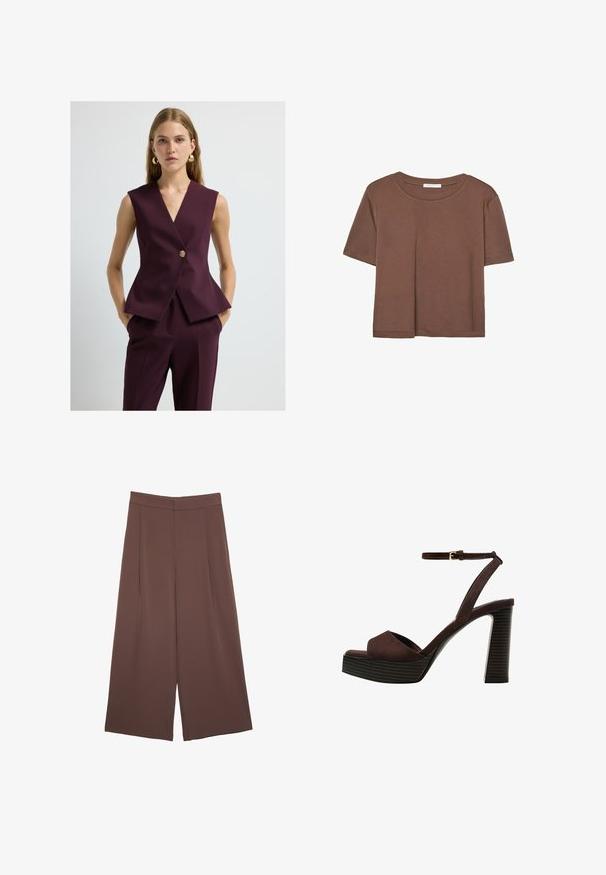 Ärmelloses V-Ausschnitt-Top aus tiefburgunder Stoff, mit einem goldenen Knopf, taillierter Silhouette und Schößchen-Saum. Glatte Textur, minimalistisches Design.; Braunes, kurzärmliges T-Shirt aus weichem Material mit rundem Halsausschnitt und lockerer Passform. Keine sichtbaren Muster oder Akzente.; Braune Weite-Leg-Hosen mit einer glatten Textur, hoher Taille und Vorderfalten. Der Stoff ist leicht und fällt locker.; Braune Wildleder-Pumps mit offenem Zeh, verstellbarem Knöchelriemen und gestreiftem Plateausohlen.