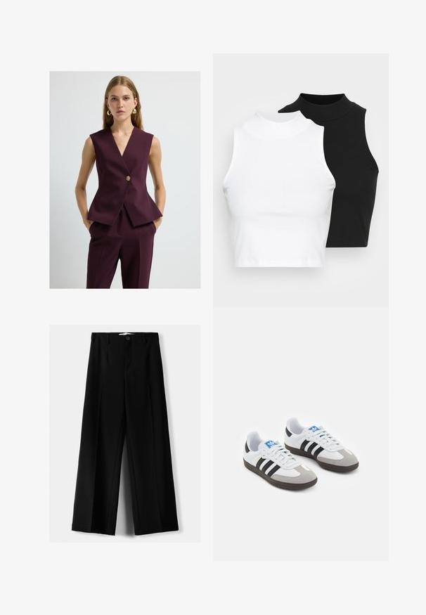 V-udskæring ærmeløs vest i dyb bourgogne stof, med en guldbutton, skræddersyet silhuet og peplum-kant. Glat tekstur, minimalistisk design.; To kjoleløse ribbede turtleneck-toppe i sort og hvid, med en tætsiddende design og glat tekstur, samt cropped længde.; Sorte brede bukser lavet af letvægtsstof, med frontknaplukning og glat front, samt pænt syede kanter.; Sportsko med en overdel i hvid læder, grå ruskind på tåen og tre sorte striber. Har et blåt logo på tungen og en struktureret gummisål.