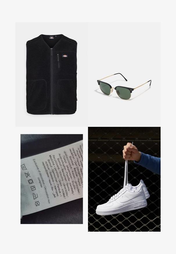 Dickies MOUNT HOPE VEST - Colete - black; Suéter de gola alta preto feito de um material de malha suave. Apresenta mangas longas, gola canelada e bainha. Design simples e elegante, sem padrões.; Etiqueta com texto multilingue, símbolos de cuidado e ícones de reciclagem, impressa em um material macio e semelhante a tecido em cor clara.; Sapatilhas de couro branco com perfurações, biqueira redonda, sola plana e atacadores grossos, apresentando um logotipo swoosh visível e "AIR" no calcanhar.; Óculos de sol com lentes verdes, estrutura superior em plástico preto, detalhes em metal dourado e hastes finas em preto. Apresenta um design de ponte distinto.