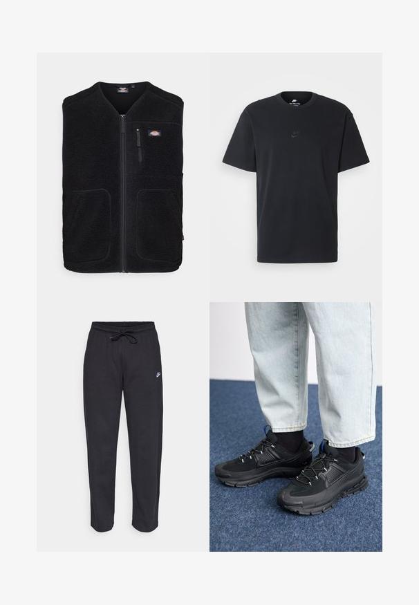 Dickies MOUNT HOPE VEST - Weste - black; Schwarzes Baumwoll-T-Shirt von Nike mit klassischem Rundhalsausschnitt, kurzen Ärmeln und einem dezenten, geprägten Logo auf der Brust. Glatte Textur.; Schwarze Sweatpants aus weichem Stoff mit elastischem Bund, Kordelzug und kleinem Nike-Logo auf dem linken Oberschenkel.; Schwarze Sportschuhe aus strukturiertem Stoff mit Gummisohlen, ausgestattet mit elastischen Schnürsenkeln und einem blauen Akzent an der Ferse. Getragen mit hellen Jeans.