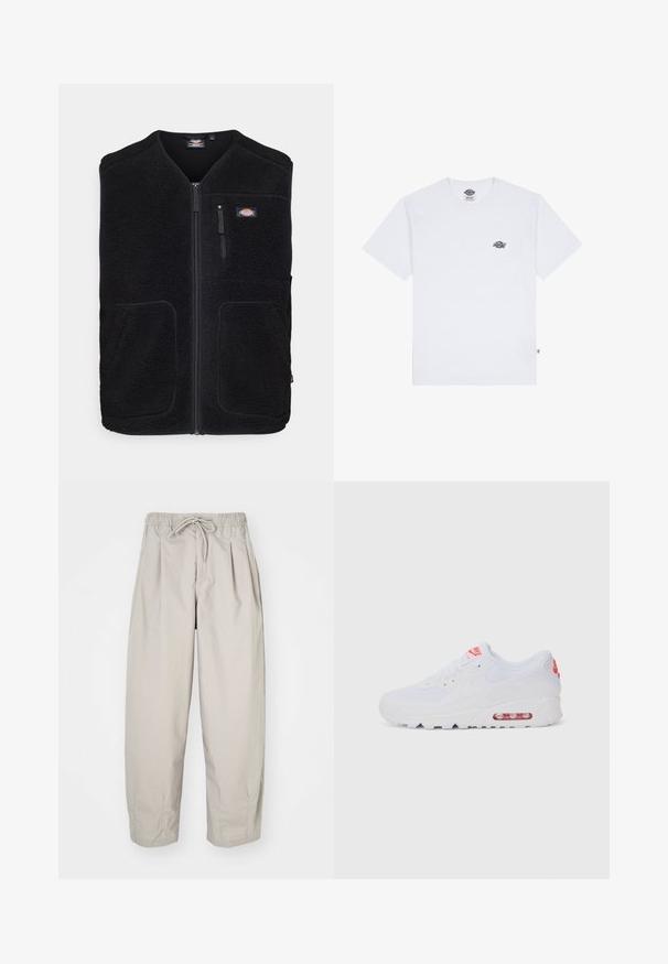 Dickies MOUNT HOPE VEST - Vestă - black; Tricou alb din bumbac cu mâneci scurte, având un mic logo negru pe piept și un etichetă în colțul din stânga jos.; Pantaloni bej, ușori, cu talie elastică și șnur. Prezintă pliseuri și o croială lejeră, realizată dintr-un material moale și neted.; Adidașii albaștri de sport au o parte superioară netedă, sistem de închidere cu șireturi, talpă cu amortizare și o unitate de aer vizibilă cu accente roșii pe branding.