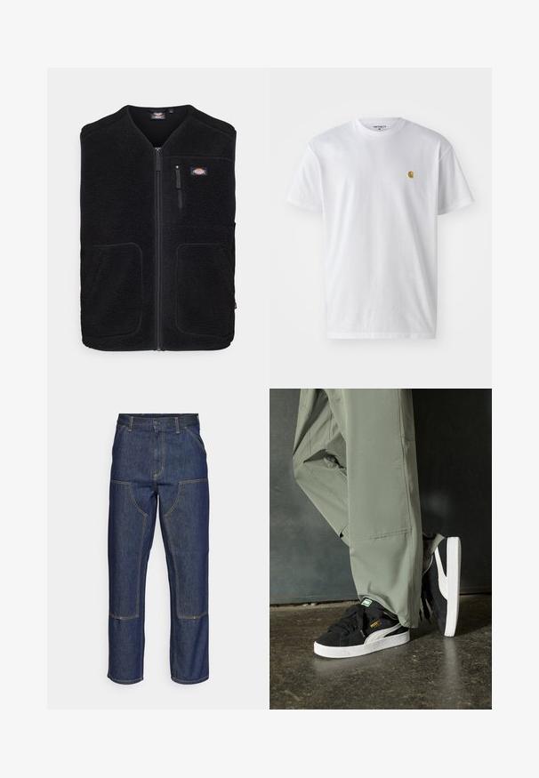 Dickies MOUNT HOPE VEST - Colete - black; T-shirt branca de algodão com mangas curtas, decote redondo, apresentando um pequeno logótipo dourado na área do peito esquerdo. Textura macia e ajuste regular.; Jeans de ganga escura com uma cintura alta, design de perna reta, costuras em contraste e bolsos de remendo na frente.; Sapatilhas de camurça pretas com solas de borracha branca e riscas laterais, combinadas com calças de carga verde claro, em pé sobre uma superfície escura e texturizada.
