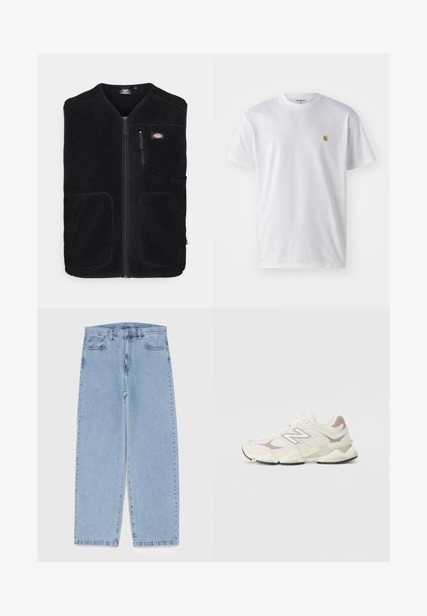 Dickies MOUNT HOPE VEST - Brezrokavnik - black; Bela bombažna majica s kratkimi rokavi, krožnim ovratnikom, z majhnim zlatim logotipom na levem prsnem predelu. Mehka tekstura in običajen kroj.; Svijetloplave traperice s ravnim nogavicama, srednjeg struka, pet džepova te zatvaranjem na gumb i munju.; Bela in svetlo siva atletska čevlja z mrežastim in sintetičnim zgornjim delom, oblazinjenim ovratnikom, teksturiranimi poudarki in debelim gumijastim podplatom.