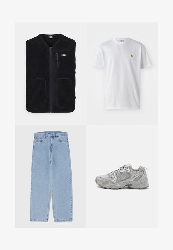 Dickies MOUNT HOPE VEST - Waistcoat - black; White cotton t-shirt with short sleeves, crew neck, featuring a small gold logo on the left chest area. Soft texture and regular fit.; Light blue denim jeans with straight leg design, featuring a mid-rise waist, five pockets, and a button and zipper closure.; Silver athletic shoe with a sleek design, mesh panels, padded tongue, textured synthetic upper, and rubber outsole for traction.