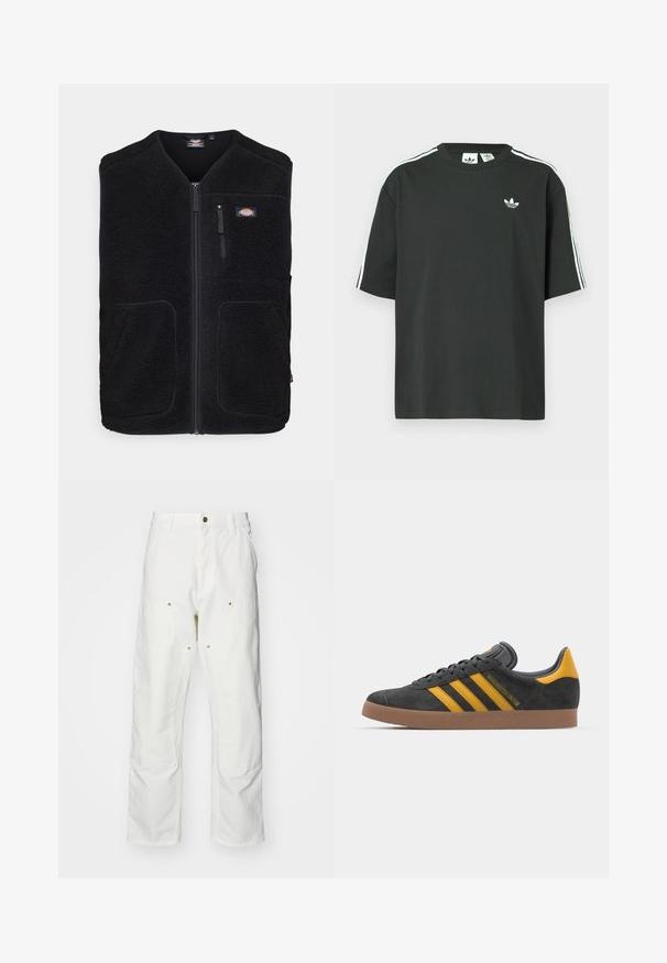 Dickies MOUNT HOPE VEST - Liemenė - black; Juoda medvilninė trumpų rankovių marškinėliai su apvalia apykakle ir trimis baltomis juostelėmis ant pečių. Priekyje yra mažas baltas logotipas.; Balti medvilniniai kargo džinsai su laisvu siluetu. Ypatybės apima priekines kišenes, auksinius apdailos elementus ir sustiprintas kelio dalis.; Juodas zomšinės sportbačiai su geltonais akcentais, turintys tris juosteles ir rudą gumos padą. Apima paminkštintą liežuvėlį patogumui.