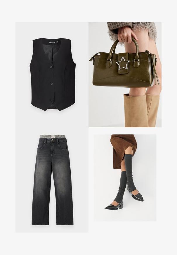Schwarwest mit V-Ausschnitt, ärmellosem Design und fünf Knopfverschlüssen. Hergestellt aus strukturierter Stoff mit glattem Innenfutter.; Hellegrauer Strickpullover mit langen Ärmeln, Rundhalsausschnitt und zentralem Zopfmuster auf der Vorderseite.; Schwarze Jeans mit weitem Bein aus Denim und einem Hahnentritt-Muster am Bund. Merkmale sind Fronttaschen und ein Knopfverschluß. Mit einem abgenutzten Look.; Schwarze lacklederne spitze Schuhe mit Blockabsatz und Knöchelriemen, kombiniert mit grauen gerippten Beinstulpen und einem braunen Wildlederrock.; Olivgrünes Kunstlederhandtasche mit silbernem Sternakzent, doppelten Griffen und einem Reißverschluss. Strukturierten Form und texturierten Oberfläche.