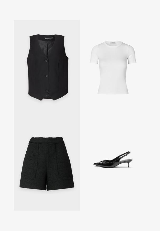 Juodas liemenė su V formos iškirpte, be rankovių ir penkių mygtukų užsegimu. Pagaminta iš tekstūruotos medžiagos, su lygiu pamušalu.; Balta trumpa rankovėmis marškinėliai, pagaminti išリbrebės medvilnės audinio. Paruošta išvaizda su apvaliu iškirpimu ir lygiu paviršiumi. Be raštų ar puošmenų.; Juodi šortai, pagaminti iš tekstūruotos medžiagos, su suplėšytu kraštu, turintys dvi priekines kišenes ir pritaikytą siluetą.; Juodos odinės slingback aukštakulniai su smailiu nosiu, mažais katės kulnais ir dekoratyvine mazgo detale priekyje. Visas paviršius lygus.
