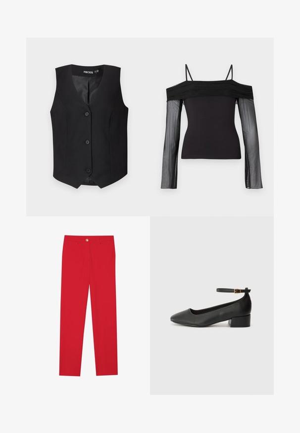 Juodas liemenė su V formos iškirpte, be rankovių ir penkių mygtukų užsegimu. Pagaminta iš tekstūruotos medžiagos, su lygiu pamušalu.; Juodas off-shoulder palaidinė su plonomis petnešėlėmis ir skaidriomis ilgomis rankovėmis, pagaminta iš permatomos tinklinės medžiagos.; Raudoni kelnių su tiesiu sijonu, plokščiu priekiu, vienu mygtuku ir dviem šoninėmis kišenėmis. Lygus audinys be matomų raštų ar akcentų.; Juodas odinis aukštakulnis batelis su smailiu pirštu ir žemu bloku. Su kulkšnies dirželiu su auksinės spalvos sagtimi. Lygus paviršius.