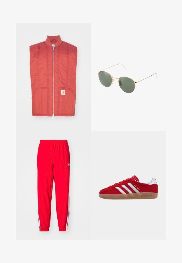 Raudonas bepuolės rankovės liemenė, pagaminta iš kvėpuojančio audinio; turi priekinį užtrauktuką, dvi priekinės kišenes ir logotipą apatinėje kairėje pusėje.; Balta medvilnės marškinėliai su apvaliu iškirpimu, trumpomis rankovėmis ir laisvu siluetu. Turi paprastą dizainą be raštų ar akcentų.; Raudoni sportiniai džinsai su elastine juosta, baltais dryžiais šoninėse dalyse ir mažuoju baltu logotipu kairiajame šlaunyje.; Raudoni zomšiniai kedai su baltu trimis dryžiais ir auksiniu „Gazelle“ tekstu. Turi guminį pado gumulėlį ir tekstūruotą kulną.; Auksiniai metaliniai akiniai nuo saulės su žaliais lęšiais, apvalios formos, ploni pametai ir balti plastikiniai akcentai ant rankenų galiukų.