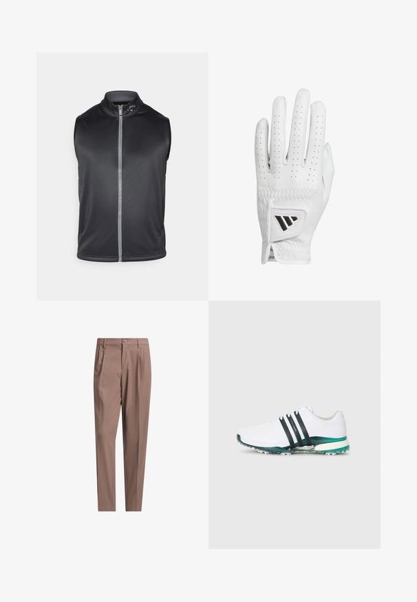 Gilet senza maniche di colore nero realizzato in un tessuto liscio e leggero. Presenta un colletto alto e una zip frontale con una striscia riflettente.; Pullover nero a zip con un quarto di zip, realizzato in tessuto morbido, con un accento grigio sulla zip e un piccolo logo del marchio grigio sul petto sinistro. Maniche lunghe.; adidas Golf Originals F PLEAT - Pantaloni - trace brown; Scarpa sportiva bianca con accenti neri e verdi, suola in gomma texturizzata e tre strisce nere sul lato laterale. Design leggero.; Guanto da golf in pelle bianca con dita perforate, cuciture testurizzate e un logo nero accattivante sul polsino. Design slim fit per una presa migliore.