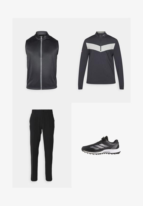 Schwarze ärmellose Weste aus glattem, leichtem Material. Verfügt über einen hohen Kragen und einen Reißverschluss vorne mit einem reflektierenden Streifen.; Dunkelgrauer Quarter-Zip-Pullover mit einem hellgrauen Chevron-Design über der Brust. Verfügt über lange Ärmel und einen strukturierten Stoff.; Schwarze Hose mit geradem Beinansatz, ausgestattet mit einer vorderen Tasche, Gürtelschlaufen und einem Knopfverschluss. Glatte Stofftextur.; Schwarzer Adidas Adizero Laufschuh mit weißer Sohle, silbernen Streifen und einem Drehverschluss-System, im linken Seitenprofil gezeigt.