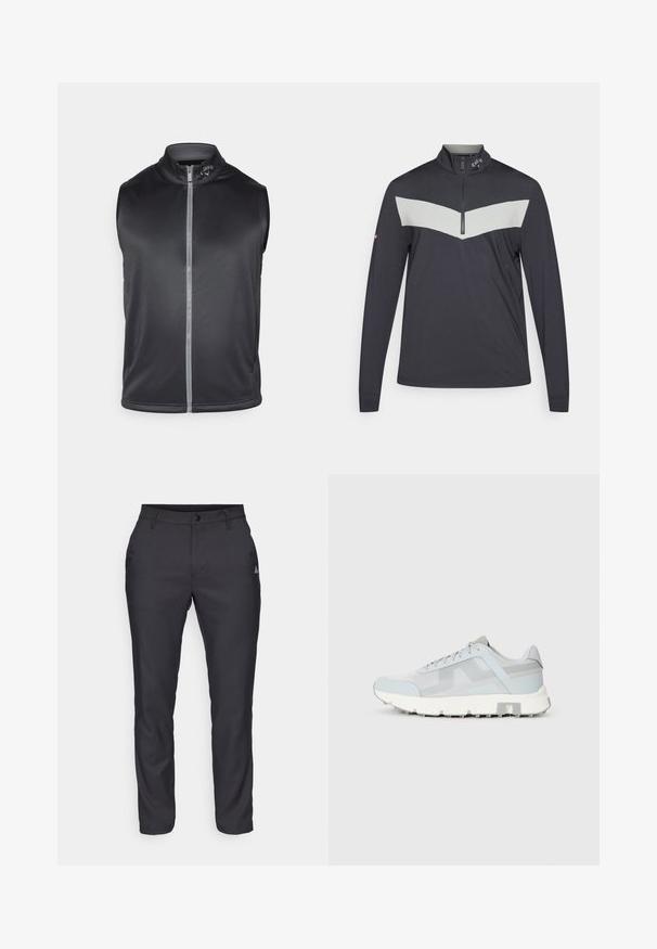 Musthave muströöp on valmistatud siledast, kerge materjalist. Omab kõrget kraed ja esist untsi, milles on peegeldav triip.; Tumehall kvarti-suu kaelusega pullover, mille rinnal on heledashall chevron-muster. Omab pikki varrukaid ja tekstureeritud kangast.; Mustad kitsad püksid siledast kangast, millel on ees nupulukk, neli taskut ja logo ülemises sääres.; Heledad sinised spordijalatsid, mille ülemine osa on võrgu materjalist, tekstuuriga paneelid ja valge kummitald. Omab lamedaid paelu ja pehmendatud krae.