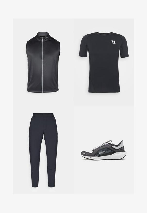 Schwarze ärmellose Weste aus glattem, leichtem Material. Verfügt über einen hohen Kragen und einen Reißverschluss vorne mit einem reflektierenden Streifen.; Schwarzes kurzärmliges Sportshirt aus feuchtigkeitsableitendem, elastischem Material. Verfügt über einen runden Halsausschnitt und ein kleines weißes Logo auf der Brust.; Schwarze Sporthose mit glatter Textur, schlankem Schnitt, elastischem Bund und seitlichen Taschen. Mit einem kleinen Logo auf dem linken Oberschenkel.; Schwarzer und grauer Sportschuh mit einem Mesh-Obermaterial, reflektierenden Akzenten und einer weißen Zwischensohle. Verfügt über eine strukturierte Gummisohle und Schnürsenkel.