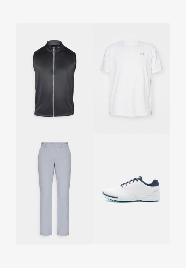 Juodas be rankovių liemenė, pagaminta iš glotnaus, lengvo audinio. Turi aukštą apykaklę ir priekinį užtrauktuką su atspindinčia juosta.; Balta trumpa rankovėmis sportinė marškinėliai, pagaminti iš lygaus audinio. Yra apvalus kaklas ir pilkas logotipas kairėje krūtinės pusėje, o apatinėje dalyje yra šoninės plyšiai.; Šviesiai pilkos kelnes su tiesiu kirpimu, mygtuko uždarymu, priekinėmis kišenėmis ir lygia, tekstūruota medžiaga. Minimalistinis dizainas, be raštų.; Balti sportiniai bateliai su lygiu sintetinės medžiagos paviršiumi, mėlynais akcentais, tekstūruotu tamsiai mėlynu kulnu ir lengvu, adatiniu padu geresniam sukibimui.