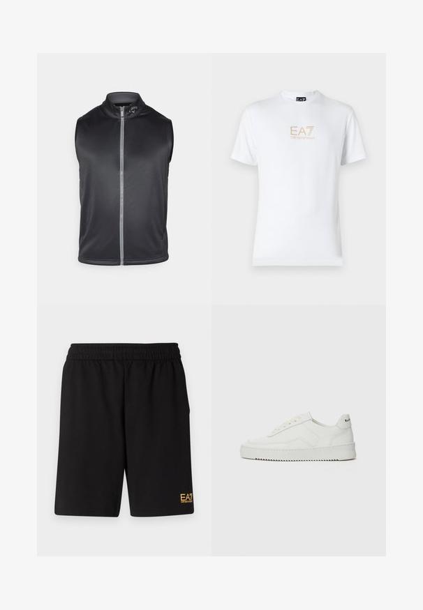 Černá bezrukávová vesta vyrobená z hladkého, lehkého materiálu. Disponuje vysokým límcem a předním zipem s reflexním pruhem.; Bílé bavlněné tričko s kulatým výstřihem a krátkým rukávem, na přední straně s potiskem zlatého loga EA7 Emporio Armani.; Černé sportovní šortky vyrobené z měkké látky, s elastickým pasem a malým žlutým logem EA7 na dolní části levé nohy.; Bílé kožené tenisky s hladkým povrchem, kulatou špičkou, plochými tkaničkami a texturovanou podrážkou. Na patě se nachází nenápadné logo.