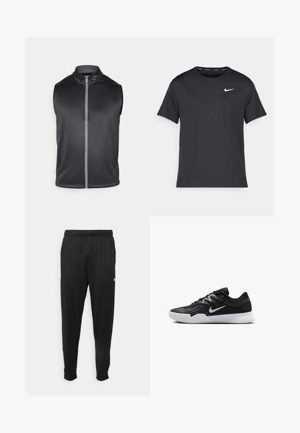 Colete sem mangas preto feito de um tecido leve e suave. Apresenta um colarinho alto e um fecho de correr na frente com uma faixa refletora.; T-shirt de corrida Nike preto, feito de material leve e respirável, com mangas curtas e um pequeno logo branco no peito.; Calças de desporto pretas feitas de tecido suave, com uma cintura elástica, pernas ajustadas e um pequeno logo branco no lado esquerdo.; Sapatilha atlética preta com um cabedal texturizado, swoosh branco da Nike e uma sola de borracha branca. Apresenta um design com atacadores e uma forma dinâmica.