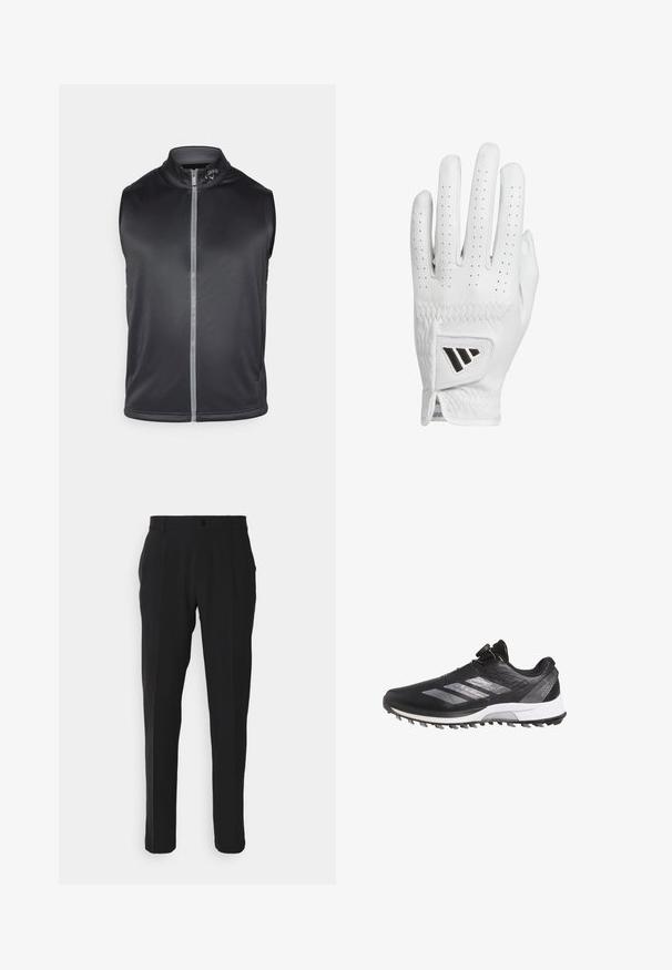 Zwarte mouwloze vest gemaakt van een gladde, lichte stof. Heeft een hoge kraag en een ritssluiting aan de voorkant met een reflecterende strook.; Witte poloshirt gemaakt van zachte stof, met een kraag met drie knopen en een subtiel grijs logo op de linkerborst. Korte mouwen, klassieke pasvorm.; Zwarte broek met een rechte pijp, voorzien van een enkele voorzak, riemlussen en een knoopsluiting. Glad stofoppervlak.; Zwarte Adidas Adizero hardloopschoen met witte zool, zilveren strepen en een draaisysteem voor de veters, weergegeven in een zijprofiel aan de linkerkant.; Witte leren golfhandschoen met geperforeerde vingers, textuurstiksels en een zwart accent logo op de pols. Smal ontwerp voor extra grip.