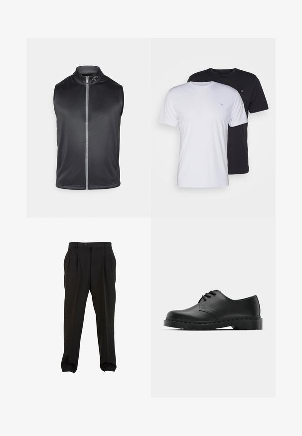 Črna brezrokavnik iz gladkega, lahkega materiala. Ima visok ovratnik in sprednji zadrgo z odsevnim trakom.; Dve bombažne majice v beli in črni barvi, kratke rokave z okroglimi ovratniki, ki imata na prsih majhen logotip, gladka tekstura.; Črne hlače iz gladkega materiala, s sprednjimi gubami, gumba na pasu in ozkimi manšetami na gležnjih. Klasična krojena silhueta.; Črne usnjene oksford čevlje z vezalkami, zaobljenim prstom, ravnim gumijastim podplatom in diskretnim šivanjem po zgornjem delu.