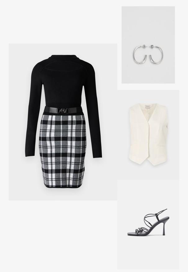 Ivory mouwloze vest met een V-hals ontwerp, voorzien van twee voorzakken en een rechte zoom. Textuurstof met een gladde afwerking.; Zwarte top met lange mouwen en een nauwsluitend ontwerp, gecombineerd met een zwart-witte geruite kokerrok met een riem voorzien van cirkelvormige gespen.; Zwarte hoge hakken sandaaltjes hebben dunne banden met een geknoopt ontwerp, een gladde vierkante neus en een elegante stiletto-hak.; Lichtgrijze metallic handtas met een kettingriem, versierd met kleine ronde metallic studs en een driehoekig merkimago.; Zilveren oorringen met een glad, glanzend oppervlak, met een gebogen vorm en een sluiting met steker. Minimalistisch ontwerp met een moderne afwerking.