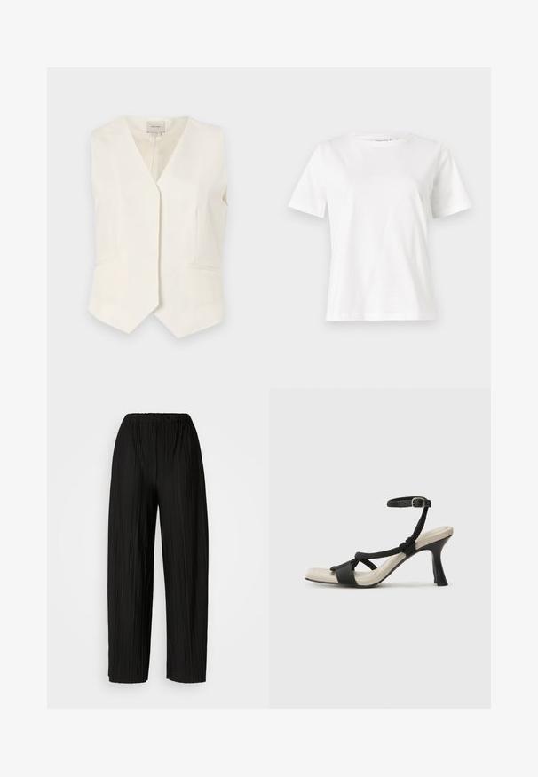 Elfenbensfärgad ärmlös väst med V-halsdesign, som har två framfickor och en rak nederkant. Texturerad tyg med en slät finish.; Vit bomullströja med korta ärmar, rund halsringning och en avslappnad passform. Slät textur, inga mönster eller detaljer, minimalistisk design.; Svarta plisserade vida byxor med elastisk midjeband. Tyget har vertikala plisseringar och en slät yta.; Svart klacksandaler med flätad remdesign, fyrkantig tå och justerbar vristrem. Ljusbeige fotbädd med glansig svart klack.
