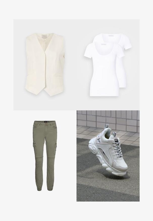 Ivory ilmanhiha vest, jossa on V-painatus, kaksi etutaskua ja suora helma. Rakenteellinen kangas, jolla on sileä pinta.; Kaksi valkoista lyhythihaista t-paitaa, joissa on pyöreä kaula-aukko, valmistettu sileästä kankaasta, ja joissa on istuva malli ilman näkyviä kuvioita tai koristeita.; Vihreät cargo-housut kestävästä puuvilla-sekoitteesta, joissa on kavennetut lahkeet, useita taskuja ja polvitaskut lisäämään liikkuvuutta.; Valkoiset tennarit, joissa on verkko- ja nahkamateriaaleja, pyöreä kärki, paksu pohja, erottuvat nauhat sekä brändäys kantapäässä ja kielessä.