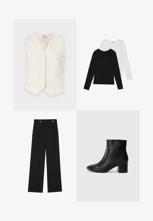 Elfenbenfarget ermeløs vest med V-halsdesign, som har to frontlommer og en rett kant. Teksturert stoff med en glatt finish.; To lange ermer t-skjorter, en svart og en hvit, begge med firkantet utringning og laget av mykt, elastisk stoff.; Svart vide bukser med høy midje, knappdetaljer på midjebåndet og frontplisser.; Sorte skinn ankelsko med spiss tå og chunky hæl. Glatt tekstur med minimale detaljer og et elegant, tettsittende design.