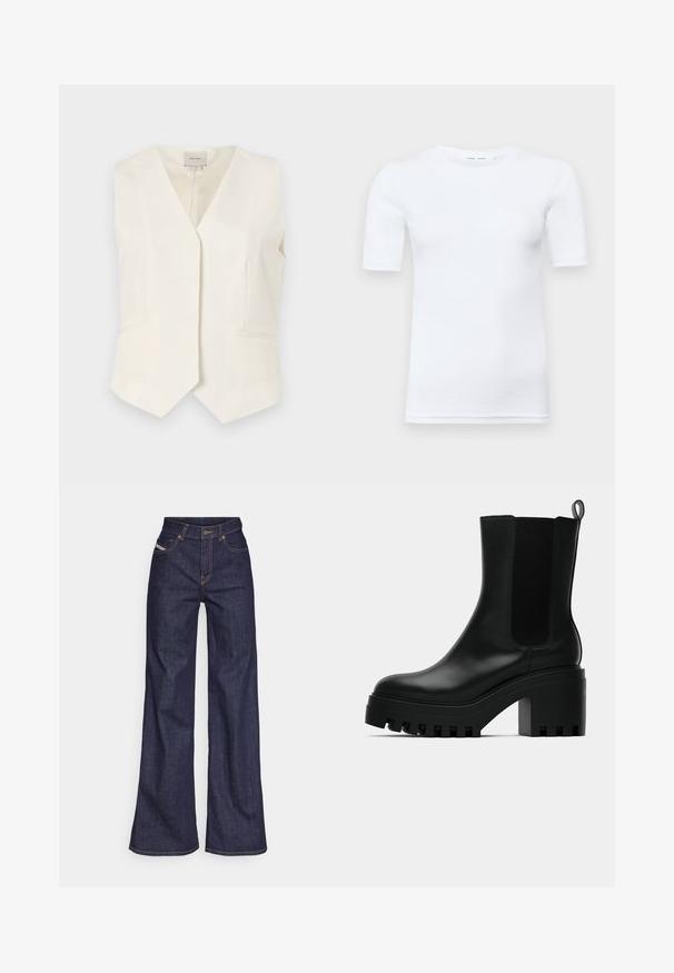 Elfenbeinfarbene ärmellose Weste mit V-Ausschnitt, ausgestattet mit zwei Vordertaschen und einem geraden Saum. Strukturierter Stoff mit glatter Oberfläche.; Weißes T-Shirt mit kurzen Ärmeln aus Baumwolle. Verfügt über einen runden Halsausschnitt und eine glatte Textur, mit minimal sichtbaren Nähten am Saum.; Dunkelblaue weite Jeans aus Denimstoff mit hoher Taille, ausgestattet mit orangefarbenen Nähten, fünf Taschen und einem Knopfverschluss.; Schwarze Leder-Stiefelette mit runder Zehenform, chunky Plateausohle und Netzseiteneinsätzen. Verfügt über eine Zuglasche für einfaches An- und Ausziehen.