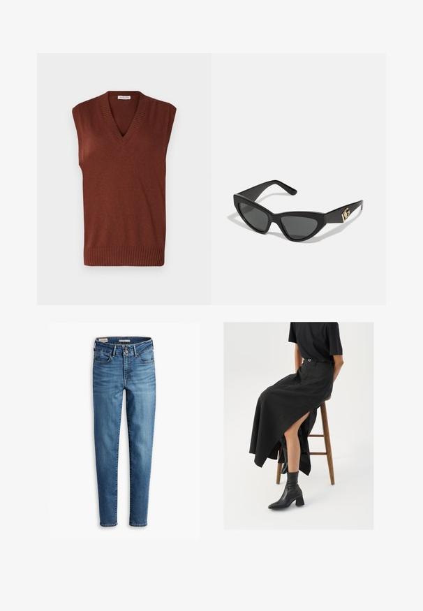 Pruun ilma varrukateta kootud samet, millel on V-kaelus, ribakujulised ääred, pehme tekstuur ja naha ligi sobiv disain, ideaalne kihilise kandmise jaoks.; Mustmustelane soonte särk pikade varrukatega ja keha kinnitava disainiga, millel on sile tekstuur ja struktureeritud siluett.; Kõrge vöökohaga kitsad teksad helesinisest denimist. Omab viit taskut, ees klõpsuga sulgemist ja klassikalist tikandit kogu ulatuses.; Must mustriga mustri, kõrge lõhiku ja musta T-särgiga, koos mustade ankle kingadega. Minimalistlik disain, lõtv istuvus.; Kassionkoodiga päikeseprillid, millel on mati must plastraam, tumedad objektiivid ja kuldne logo aksent templis. Nurgaeline disain ja sile tekstuur.