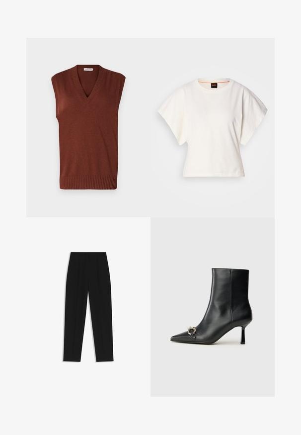 Ruskea hihaton neuleliivi, jossa on V-mallinen kaula-aukko, ribbireunat, pehmeä rakenne ja sopiva muotoilu, täydellinen kerrokselliseen pukeutumiseen.; Valkoinen lyhythihainen t-paita, leveät lyhyet hihat, pehmeää puuvillamateriaalia, pyöreä pääntie jossa hienovarainen oranssi reunus, minimaalinen muotoilu, ei kuvioita tai graafisia elementtejä.; Mustat housut suoran istuvuuden kanssa, joissa on kaksinkertaiset laskokset, sileä pinta ja klassinen vyötärönauhan muotoilu. Ei näkyviä metalliosia tai koristeita.; Musta nahkasaapas nilkkapituisilla, terävillä kärjillä, hoikalla keskipituisella korolla ja hopeavöillä sivussa yksinkertaista taustaa vasten.